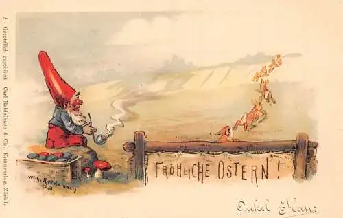 L393 Ostergrüße Zwerg raucht Pfeife Pilze Hasen Reidelbach Postkarte