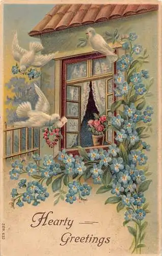 L394 Herzliche Grüße 1905 Weiße Tauben Rosen Blumen Prägepostkarte