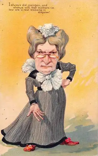 L056 Schwiegermutter Großer Kopf Karikatur 1905 Humor geprägt Vintage Postkarte