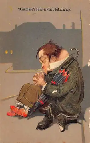 L056 Mann schläft Regenschirm Karikatur Humor geprägt Vintage Postkarte