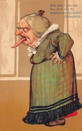 L056 Groteske Alte Dame Lange Zunge Karikatur Humor geprägt Vintage Postkarte