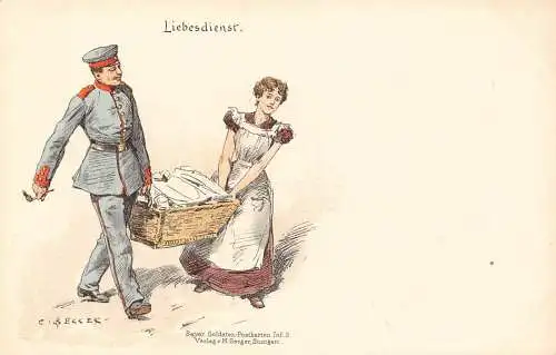 L059 Deutschland Arbeit der Liebe Soldat Uniform Becker signiert Litho Vintage Postkarte