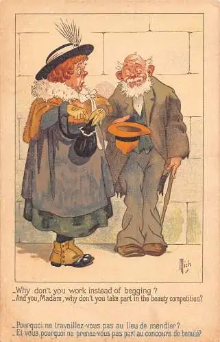 L058 Alte Dame und Bettler Comic Humor signiert Mich Postkarte