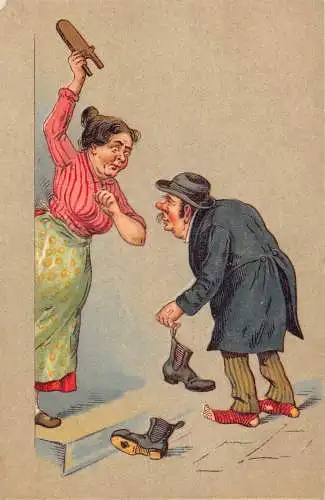 L058 Paar kämpft Karikatur Comic Humor geprägt Vintage Postkarte