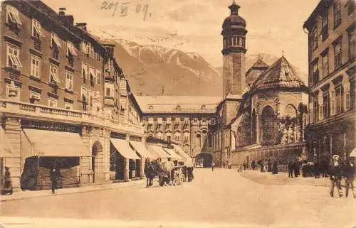 L049 Österreich 1909 Innsbruck Burggraben Pferdekutschenladen Vintage Postkarte