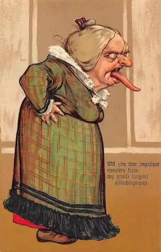 L056 Groteske Alte Dame Lange Zunge Karikatur Humor geprägt Vintage Postkarte
