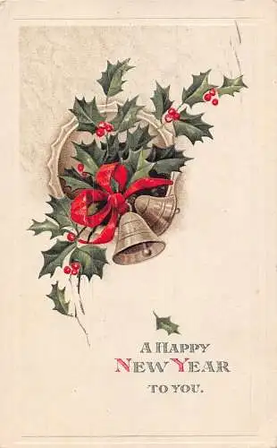 L392 Neujahrsgrüße Heiliger Baum Glocken Glück geprägt Vintage Postkarte