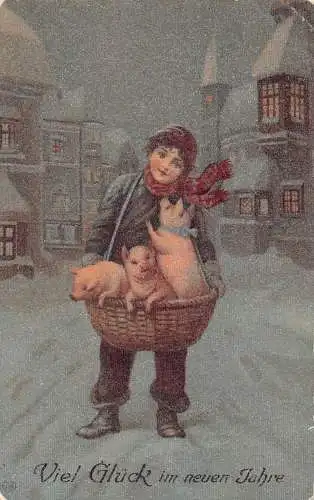 L392 Neujahrsgrüße 1914 Junge Korb Ferkel Glück Vintage Postkarte