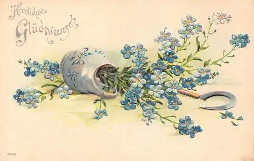 L393 Liebe Grüße Vase Vergissmeinnicht Blumen geprägt Postkarte