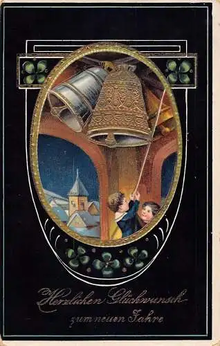 L392 Neujahrsgrüße 1911 Kinder Glocken Kleeblatt Glück Vintage Postkarte