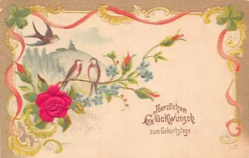 L393 Geburtstagsgrüße 1910 Schwalbe Vögel Rose Blumen Prägepostkarte