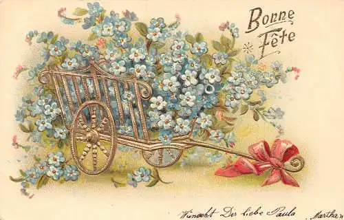 L393 Liebe Grüße 1907 Wagen Blumen Prägepostkarte