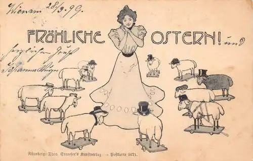 L393 Ostergrüße 1899 Junge Dame Schafe mit Hüten Postkarte