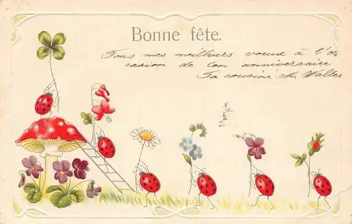 L393 Gruß 1905 Pilz Blumen Kleeblatt Marienkäfer Glück Prägepostkarte