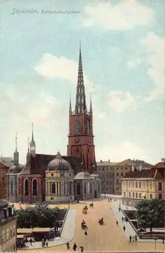A001 Schweden Stockholm Riddarholmskyrkan Kirche Straße Vintage Postkarte