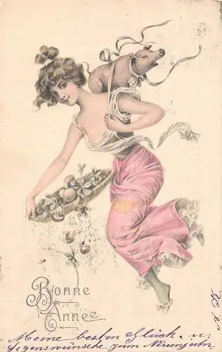 L392 Neujahrsgrüße 1902 Junge Dame Pilze Ferkel Glück Vintage Postkarte