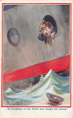 L054 Seekrankes Schiff, alles in der Grublinie hält Comic Humor signierte Postkarte