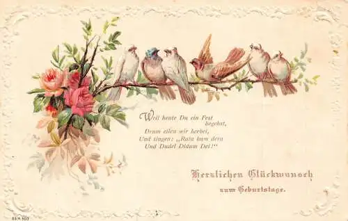 L393 Geburtstagsgrüße 1913 Vögel Rosen Blumen geprägte Postkarte