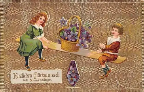L393 Namenstag Grüße 1912 Kinder Blumen Schaukel Prägepostkarte