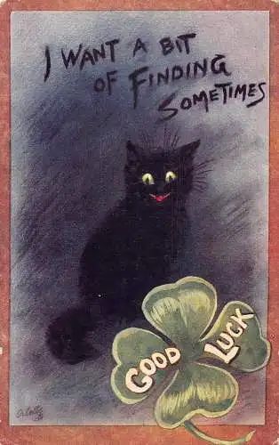 L484 Good Luck Black Cat Kleeblatt Oilette Comic Vintage Postkarte