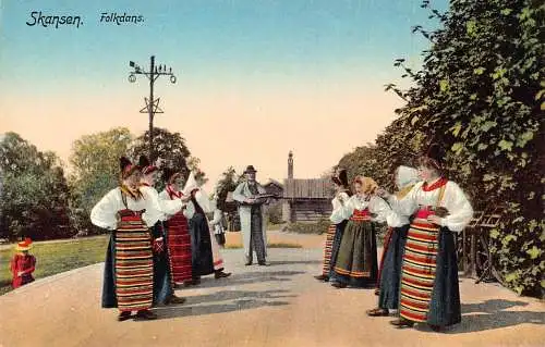 A001 Schweden Skansen Folkdans Trachten Tanz Ethno Vintage Postkarte