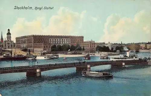 A001 Schweden Stockholm Kongl Slottet Dampfschiff Brücke Vintage Postkarte