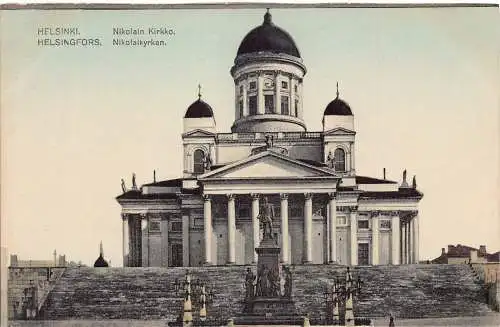L391 Finnland Helsinki Nikolain Kirkko Kirche Statue Vintage Postkarte
