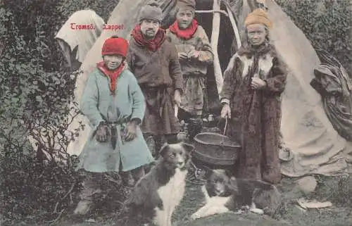 L390 Norwegen Tromsoe Lapper Bauern Familie Hunde Eimer Zelt Vintage Postkarte