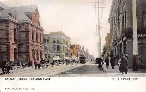 L387 Kanada Talbot Straße Blick nach Osten St Thomas Straßenbahn Waggons Vintage Postkarte