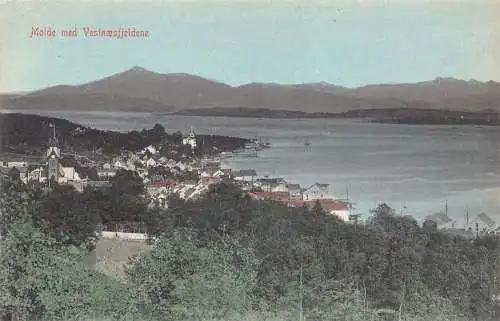 L389 Norwegen Molde med Vestnaesfieldene Panoramablick Vintage Postkarte