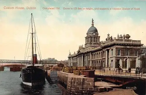 L386 Irland Custom House Dublin Dampfschiff Brücke Vintage Postkarte