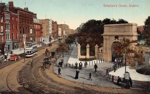 L385 Irland Stephen's Green Dublin Doppeldecker Straßenbahnwagen Vintage Postkarte