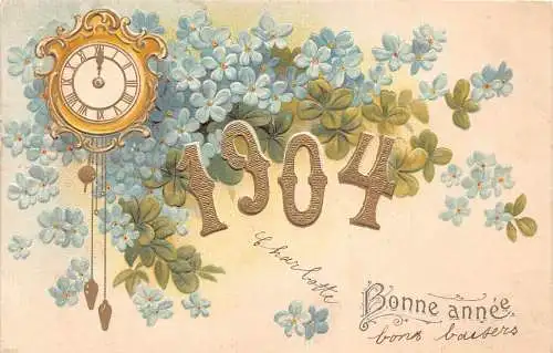 L112 Neujahrsgrüße 1903 Uhr große Zahlen Vergissmeinnicht geprägte Postkarte