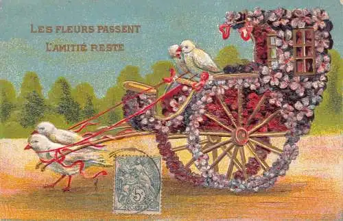 L112 Freundschaft Fantasy Alegorik Wagen Vögel gezogen Tauben geprägt Postkarte