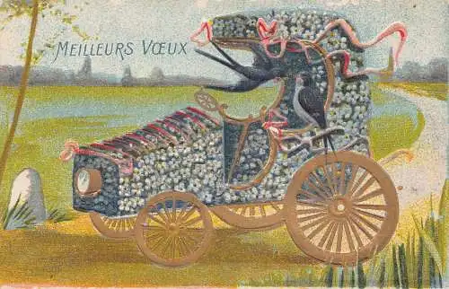 L112 Grüße 1909 alegorische Blumen Auto Fantasie Prägepostkarte