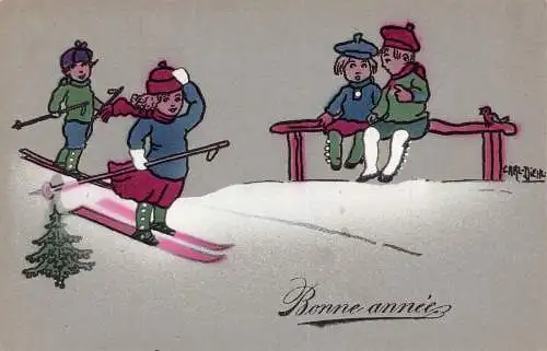 L112 Neujahrsgrüße Skikinder signiert Carl Diehl Postkarte