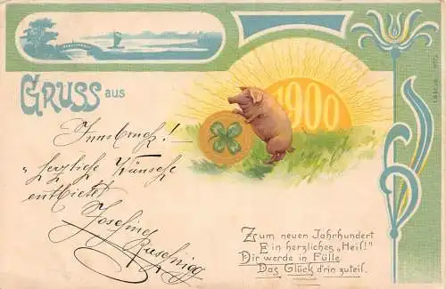 L112 Neujahrsgrüße 1899 Gruss aus Schwein Glück Münze Kleeblatt Postkarte