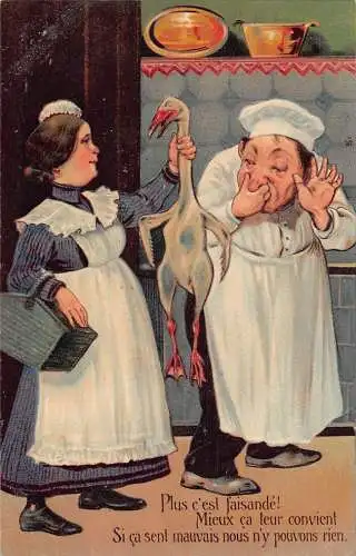 L058 Koch Dame mit Gans 1910 Karikatur Comic Humor geprägt Vintage Postkarte