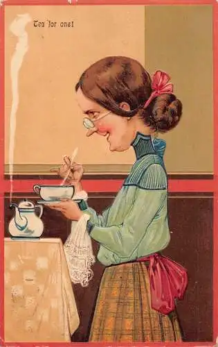 L060 Tea for one 1908 Karikatur Comic Humor Prägepostkarte
