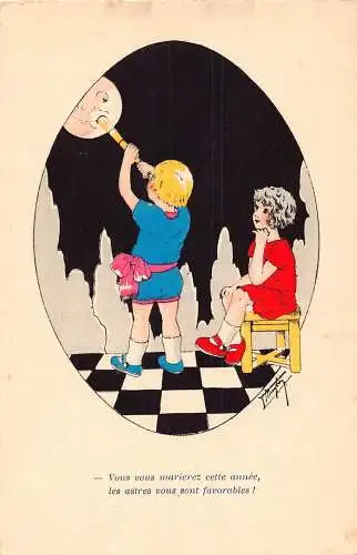 L112 Grüße 1925 Kinder Astrologie Mond Comic signiert Thomas Maybank Postkarte