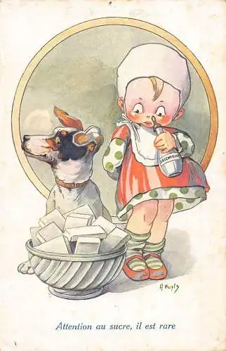 L112 Grüße 1919 Kind Hund Comic signiert A. Wuyts Postkarte