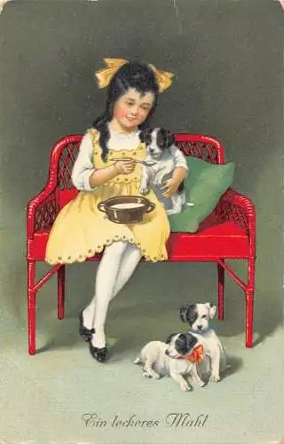 L112 Grüße Mädchen füttert Welpen Hunde Comic Postkarte