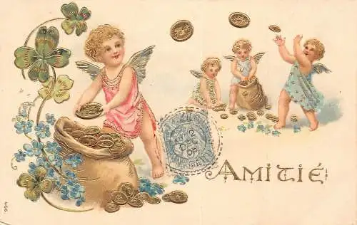 L112 Grüße 1905 Glück Cherubs Kleeblatt Gold Geldtüten Prägepostkarte