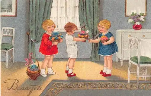 L112 Grüße 1937 Kinder Blumen Fantasy Vintage Postkarte