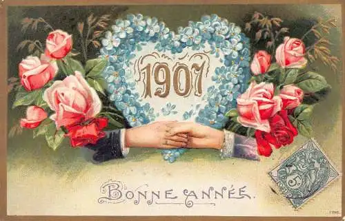 L112 Neujahrsgrüße 1906 Hände Rosen Vergissmeinnicht geprägte Postkarte