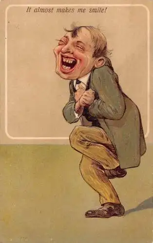 L060 Grotesker Mann lachend 1909 Karikatur Comic Humor geprägte Postkarte