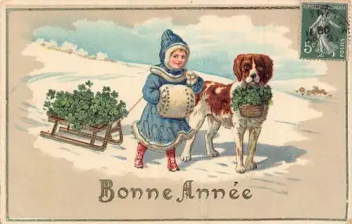 L112 Neujahrsgrüße Hund gezogen Schlitten Mädchen Kleeblatt Postkarte