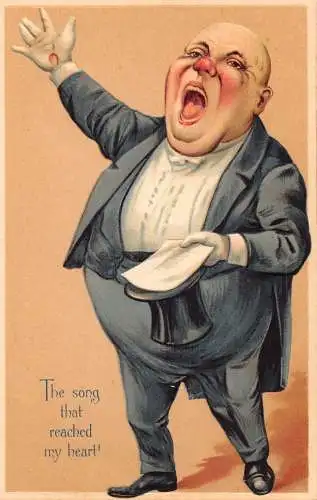 L060 Fatman singende Karikatur Comic Humor geprägt Vintage Postkarte