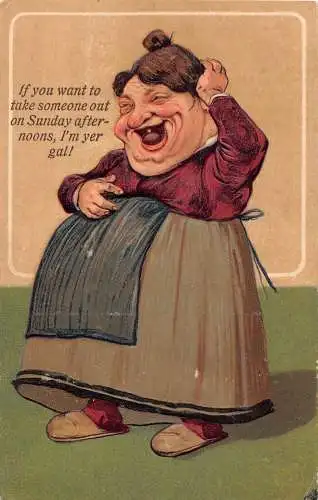 L060 Groteske dicke Dame lachend 1910 Karikatur Comic Humor geprägte Postkarte