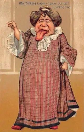L056 Groteske Alte Dame Lange Zunge Karikatur Humor geprägt Vintage Postkarte